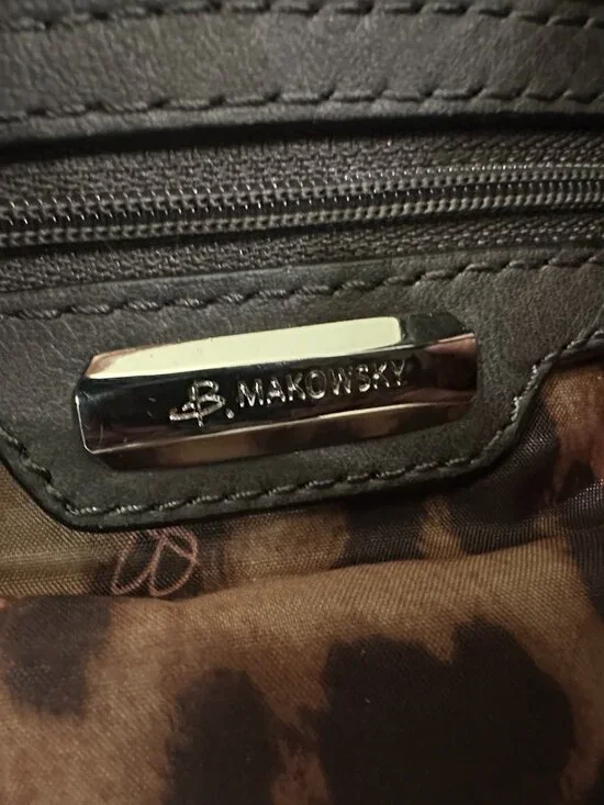 B. Makowsky Y2K Black Pebbled Leather Satchel Shoulder Bag Leopard Lining - Picture 7 of 9